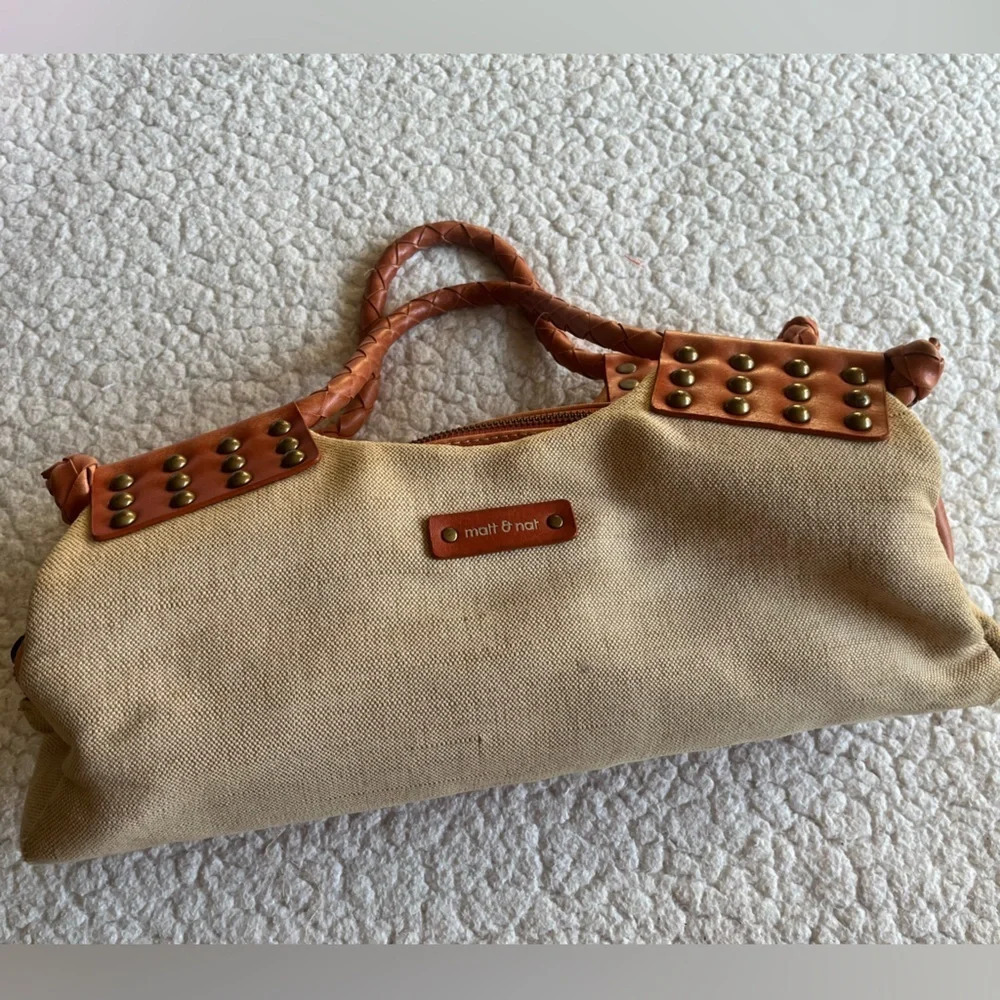 Matt and Nat Vegan Leather and Canvas Handbag, tan and taupe/beige. Bohochic